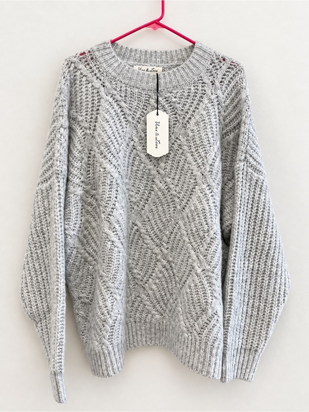 Vine & Love Light Gray Cable Knit Crewneck Sweater